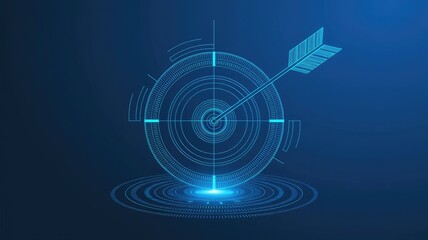 Digital target with bow arrow in bullseye with Japanese candlestick. Abstract stock market concept. Low poly wireframe vector illustration. Futuristic hologram in technology blue. Vector illustration.