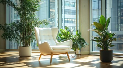 Luxurious lounge area with a comfortable white chair and green plants framing a floor-to-ceiling window.