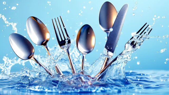 Silverware Splashes in Water - Stunning Moment of Spoons, Forks, and Knives