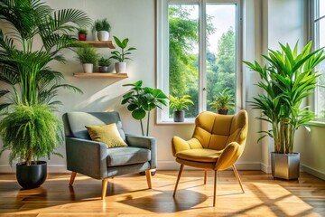 Fototapeta premium Cozy Minimalist Living Room Design: Modern Armchair, Green Plants, Interior Decor