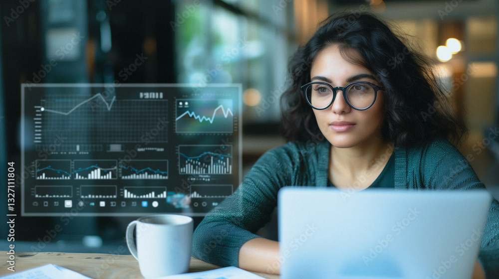 Aufkleber data-driven decisions: a focused woman analyses data on a laptop with a virtual interface, embodying