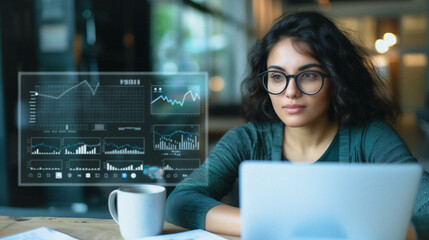 Data-Driven Decisions: A focused woman analyses data on a laptop with a virtual interface, embodying modern business and analytical prowess.