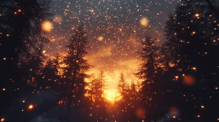 Magical Sunset in a Pine Forest Winter Wonderland