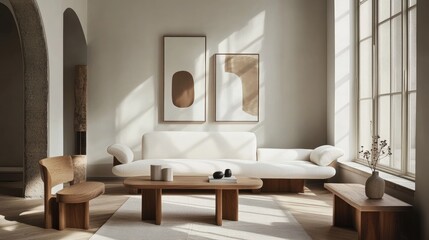 Minimalist Scandinavian living room with a white sofa, wooden furniture, and a gallery wall. Sunlight streams through large windows, creating a warm, inviting atmosphere.