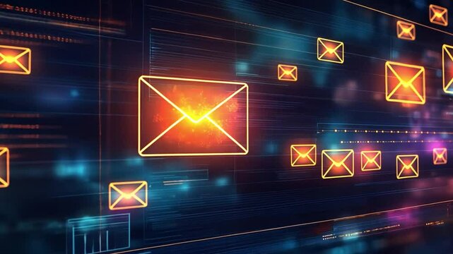 Digital Messages: A collection of illuminated message envelopes floats against a dark, technological background. representing digital communication