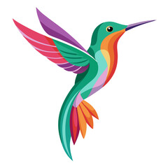 A vibrantly colored hummingbird in flight, depicted in a stylized on white © Sanzida
