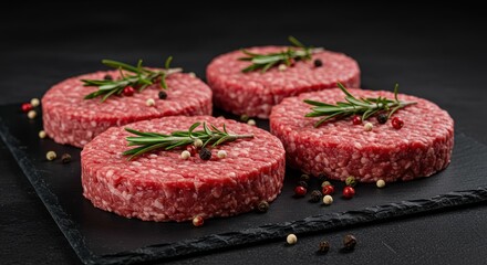 A close-up of raw beef patties on a black slate plate garnished with fresh sprigs of rosemary and a mix of colorful peppercorns