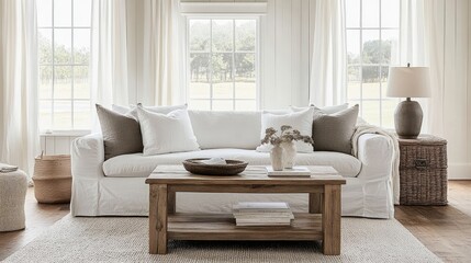 Fototapeta premium Modern farmhouse living room with a white couch, rustic wooden coffee table, and neutral-colored Sunlight brightens the soft textures.