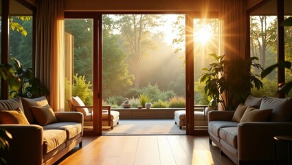 Fototapeta premium Bright and airy living room with natural light, cozy seating, and a seamless connection to a lush outdoor space creating a peaceful atmosphere