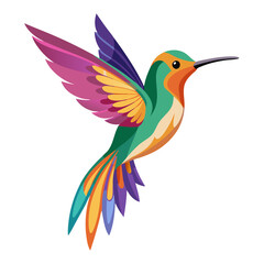 A vibrantly colored hummingbird in flight, depicted in a stylized design on white
