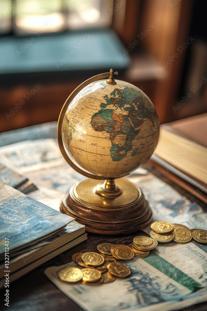 Poster A globe sitting on a wooden table with a simple and clean background