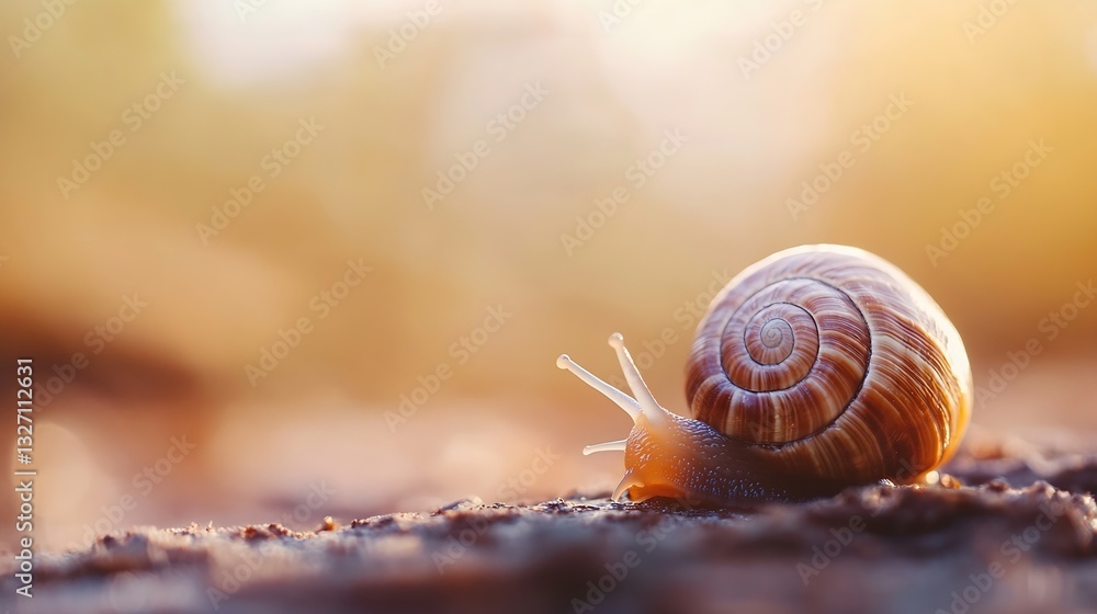 Aufkleber Close up view of a snail crawling on a sunlit surface highlighting its spiral shell : Generative AI