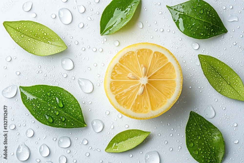 Poster refreshing lemon slice with green leaf composition bright white background adding a tropical touch a