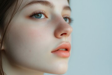 Portrait of a woman with bright blue eyes, focused on her facial expression