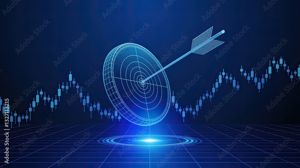 Poster digital target with bow arrow in bullseye with japanese candlestick. abstract stock market concept. 