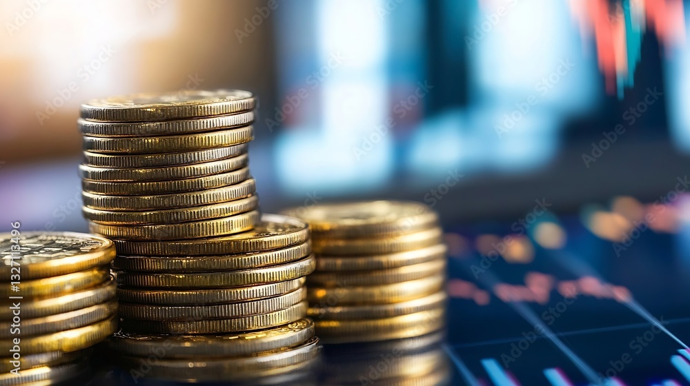 Aufkleber Close up view of stacked gold coins with financial charts in the background representing investments and wealth management : Generative AI