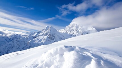 Majestic Snowy Mountain Peak Under Bright Blue Sky and Clouds Captured in Winter : Generative AI