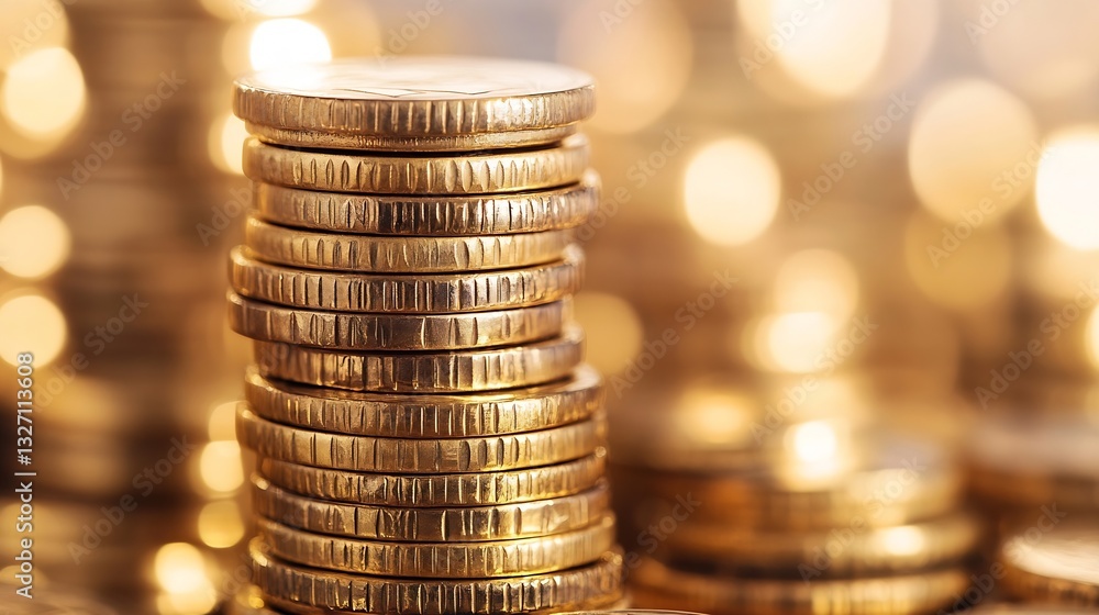 Poster shiny stacks of gold coins with blurry background creating a luxurious atmosphere : generative ai