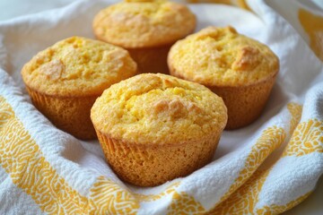 Corn Bread Muffins. Homemade Grain Biscuit Cake on White and Yellow Dish Towel