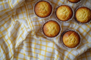 Corn Bread Muffins. Delicious Homemade Grain Biscuits on a White and Yellow Dish Towel