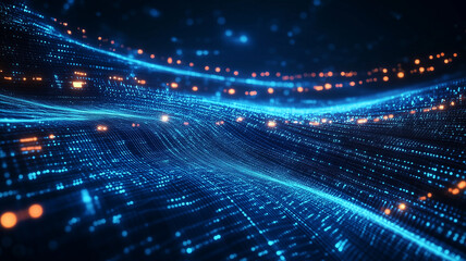 Glowing blue digital wave grid with floating golden light particles, futuristic abstract technology background