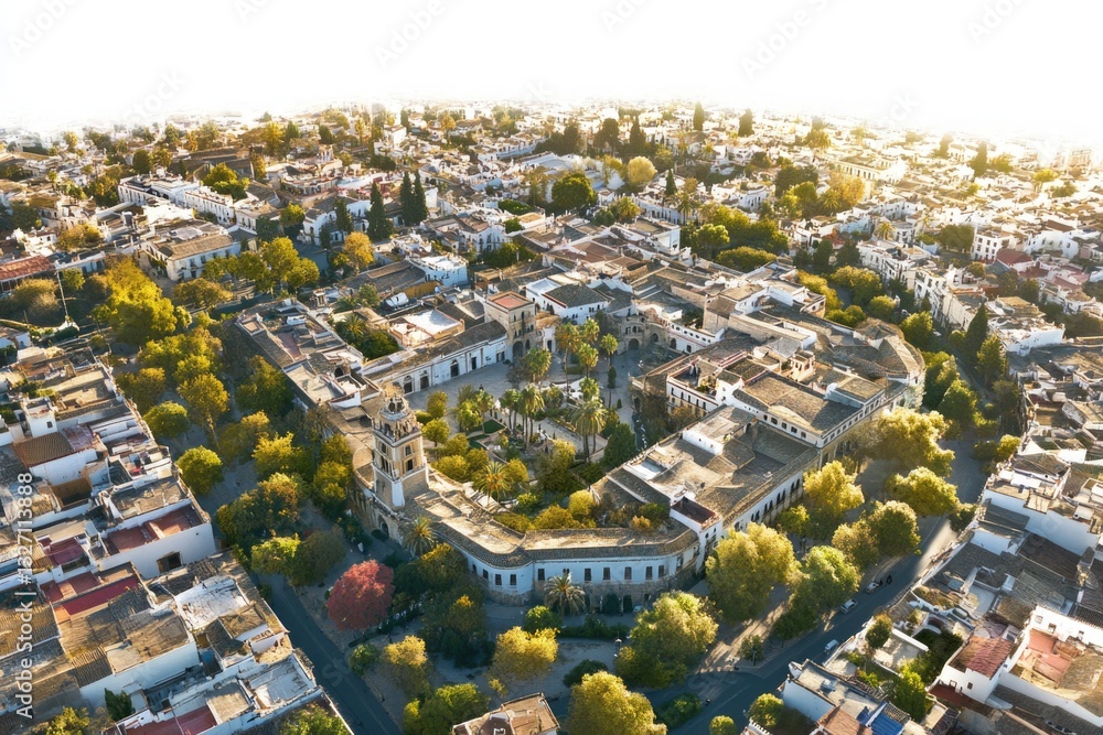 Poster aerial view of a bustling city with many buildings and structures