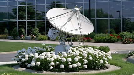 A satellite dish is beautifully encircled by vibrant, blooming white flowers, situated close to a sleek, modern building under a clear blue sky