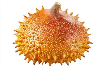 Sweet gac fruit vibrant orange color spiky shell tropical plant close up with white background bright studio shot