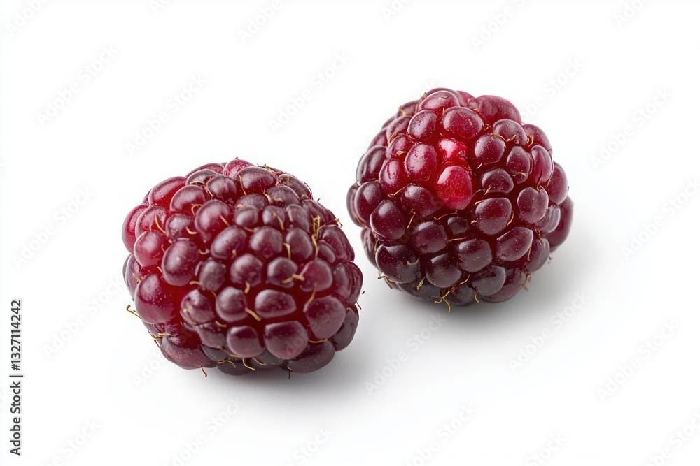 Poster two fresh raspberry fruits on a clean white surface showcasing vibrant color and intricate texture a
