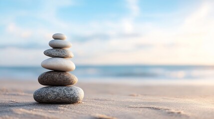 Fototapeta premium Carefully balanced stones on sandy beach representing tranquility balance and harmony with nature : Generative AI