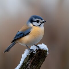 Fototapeta premium Cute bird perched on snowy wood, winter nature background, wildlife photography