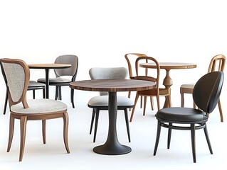 A set of dining tables and chairs in different styles, set against a white background. 3D rendering