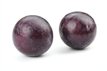 Obraz premium Two ripe plums glistening on a white canvas captivating contrast purple shades and fresh fruit appeal delicate skin