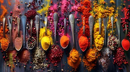 Fototapeta premium Various dried spices on small spoons, paprika, colorful peppercorns, basil, bay leaves, coarse salt, nutmeg, oregano, turmeric. Various spices on spoons.