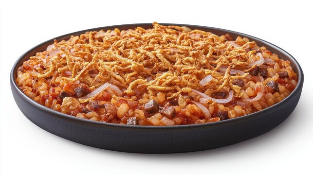 Close-up of a colorful koshari bowl garnished with crispy onions and fresh herbs for a flavorful egyptian culinary delight