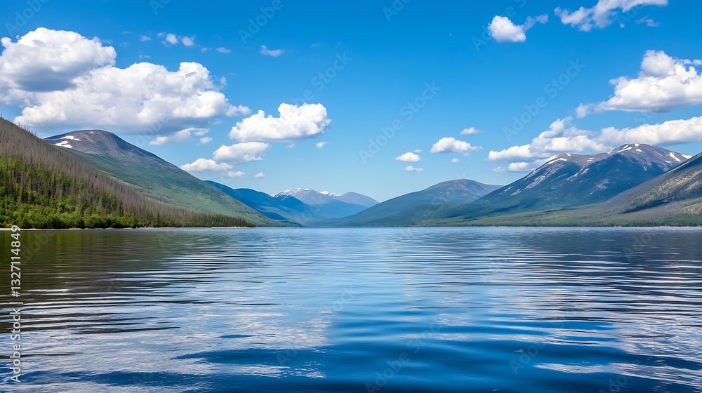 Poster breathtaking view of a tranquil lake surrounded by majestic mountains under a clear blue sky filled 