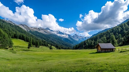 Obraz premium A peaceful view of a small wooden cabin nestled in a green valley surrounded by majestic mountains : Generative AI