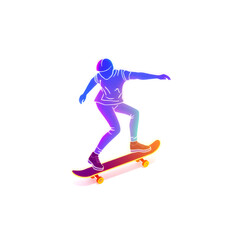Obraz premium Person riding skateboard holographic 3D icon. neon symbol vector illustration isolated on white background. Generative AI