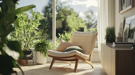 Fototapeta premium Scandinavian-inspired modern home with a relaxing chair, woven textures, and green houseplants.