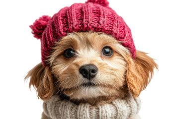 Cute dog wearing a pink knit hat and sweater