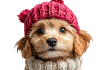 Cute dog wearing a pink knit hat and sweater