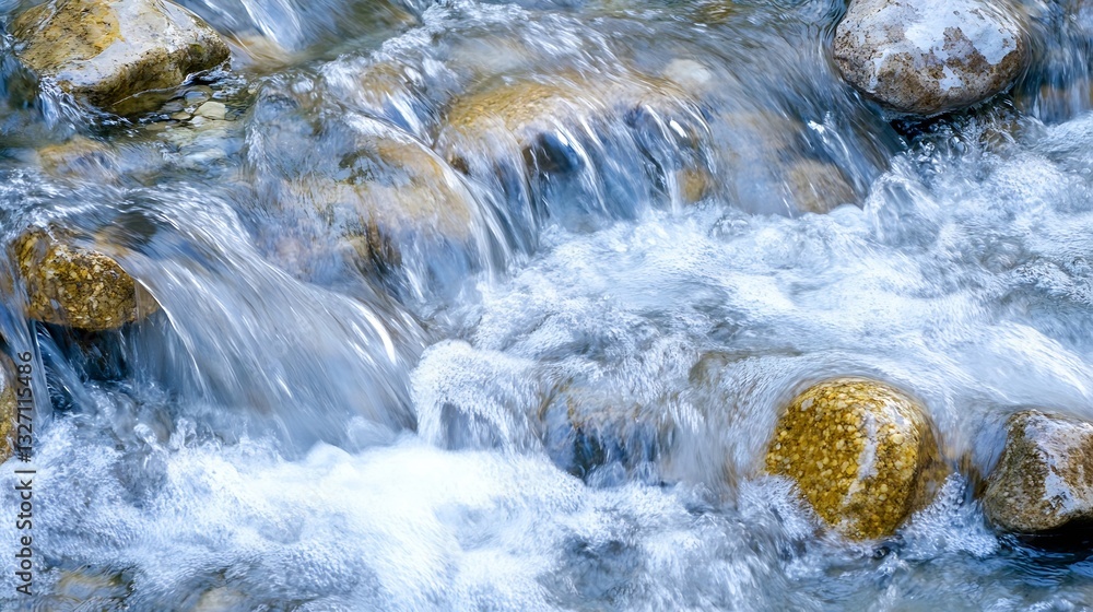Aufkleber Beautiful closeup of crystal clear water flowing over smooth stones in a serene natural setting : Generative AI