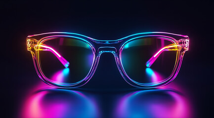 A pair of neon glasses on a black background, front view,