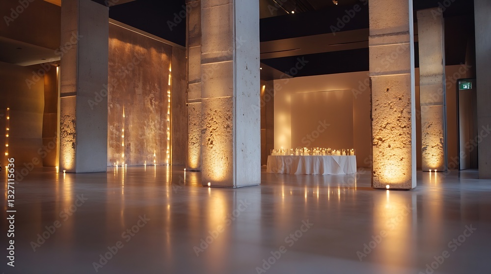 Poster sleek and modern interior design of a welllit spacious lobby area with elegant stone columns and dec