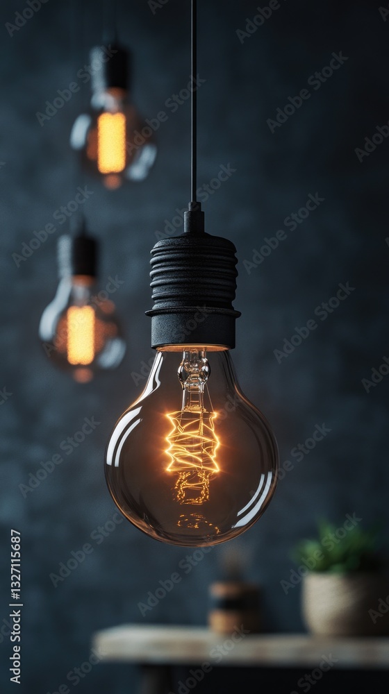 Poster a group of light bulbs hanging from a ceiling, ideal for use in interior design or architectural pro