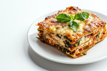 Delicious homemade lasagna with fresh basil garnish served on white plate in soft studio lighting and appetizing composition