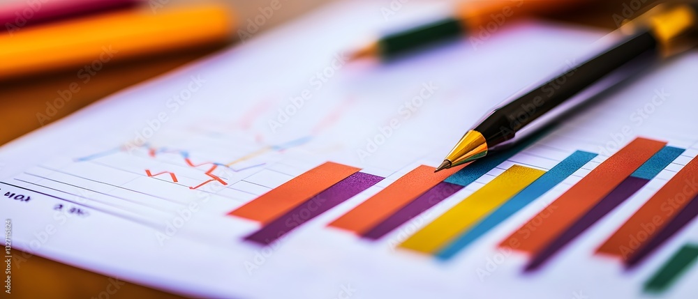 Poster a close-up of colorful bar graphs and charts on paper with a pen, symbolizing analytics and data ana