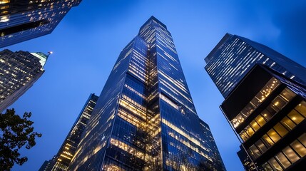 Fototapeta premium Imposing skyscraper illuminated at night surrounded by urban buildings creating a vibrant cityscape in the twilight : Generative AI