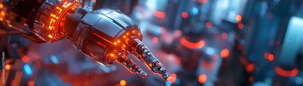 Poster a close-up view of a futuristic robotic arm with intricate details and glowing lights