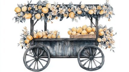 Lemon cart, floral decor, market scene, rustic wheels, summer